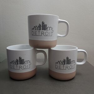 3 Detroit Skyline White and Tan Mugs